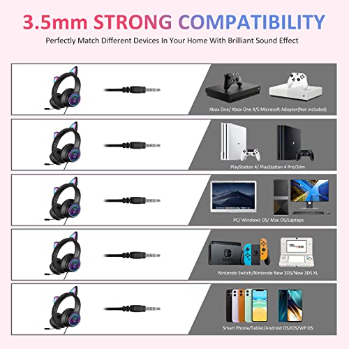 VIGROS Cat Ear Gaming Headphones Wired AUX 3.5mm LED Light, Noise Canceling Game Headphones Stereo Foldable Over-Ear Headsets with Microphone Fit Girls, Kids for PC, PS4, Switch, Xbox, Mobile, Laptop