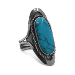 Mia Jewel Shop Ellipse Oval Flat Healing Gemstone Crystal Cabochon Silver Metal Border Adjustable Ring - Womens Natural Fashion Handmade Jewelry Boho Accessories (Turquoise Howlite)