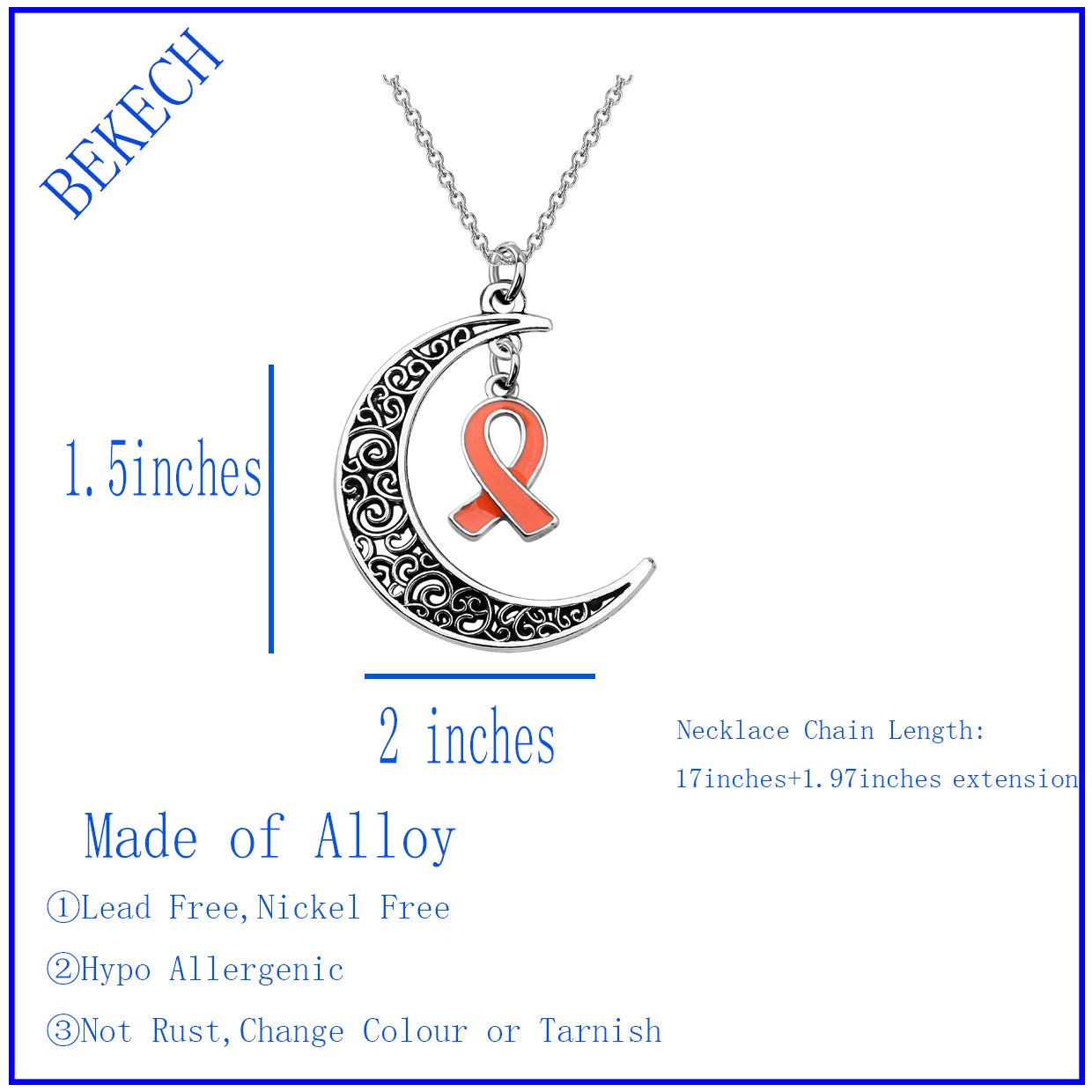 BEKECH Multiple Sclerosis MS Awareness Gift Orange Ribbon Crescent Moon Charm ADHD Awareness Necklace for MS Warrior