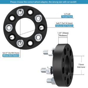 HHCSOP 5x4.5 to 5x5.5 Wheel Spacers, 1.25" 5x114.3 to 5x139.7 Wheel Adapters for Ford Mustang Ranger Edge Crown Victoria Explorer | Jeep Wrangler Liberty Grand Cherokee with 1/2x20 Studs & 73mm Bore