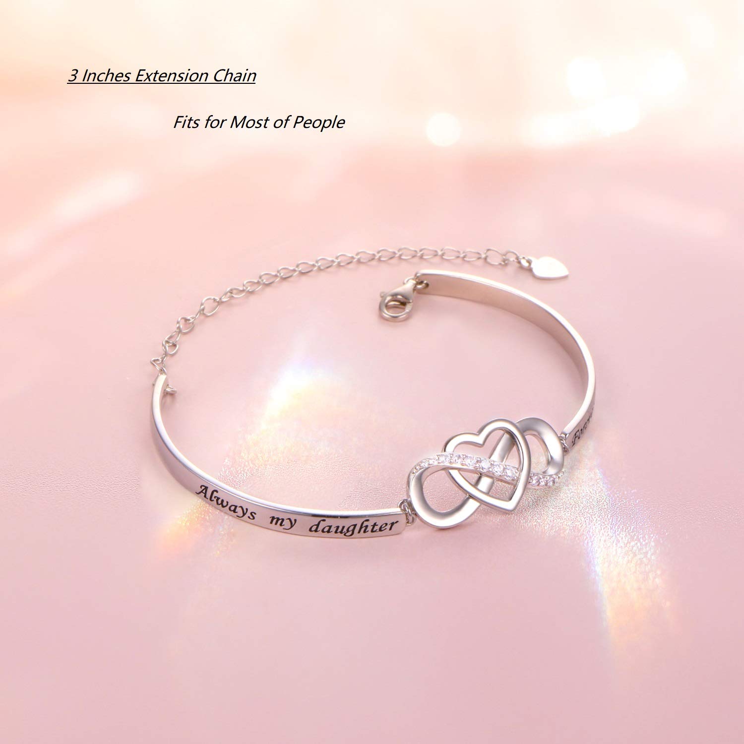 925 Sterling Silver Infinity Love Heart Bracelet With Inspirational Message for Daughter from Mother Father, Adjustable Length Bangle Bracelets Daughter Jewelry for Women