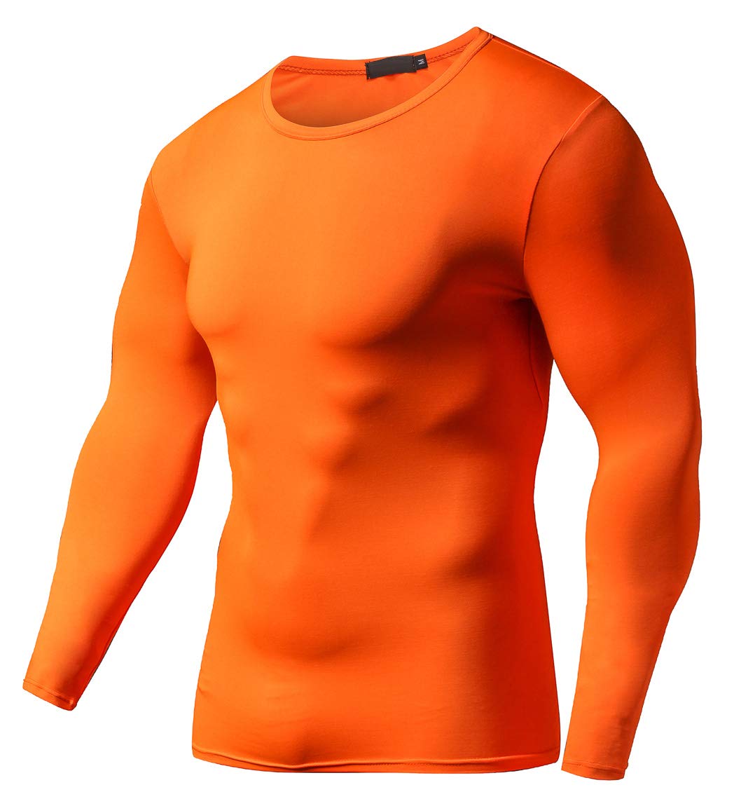 Red Plume Men's Cool Dry Fit Long Sleeve Compression Shirts, Active Sports Athletic Workout Shirt, Sports Base Layer T-Shirt (ORANGE, Medium)