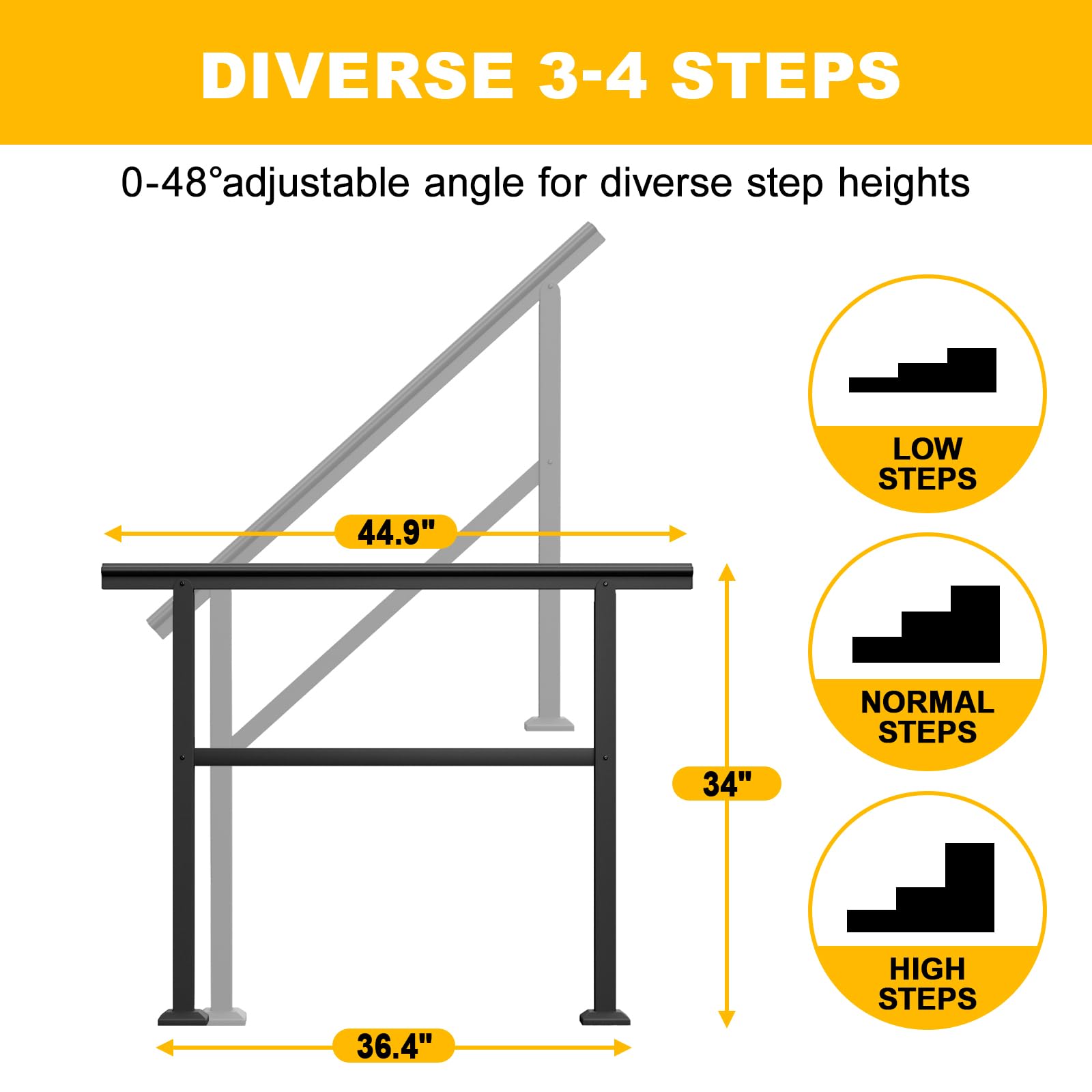 SPACEEUP Stair Handrail,44X34.8" Handrails for Outdoor Steps Fit 0 to 4 Steps Transitional Handrail with Installation Kit Handrail for Stairs Outdoor Aluminum and iron Stair Railing,Matte Black