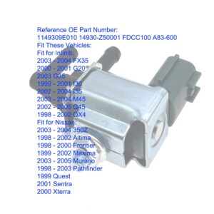 Purge Volume Control Solenoid VSV Valve for Infiniti FX35 G20 G35 I30 I35 M45 Q45 QX4 Nissan 350Z Altima Frontier Maxima Murano Pathfinder Quest Replace 1149309E010 14930-Z50001 FDCC100 A83-600