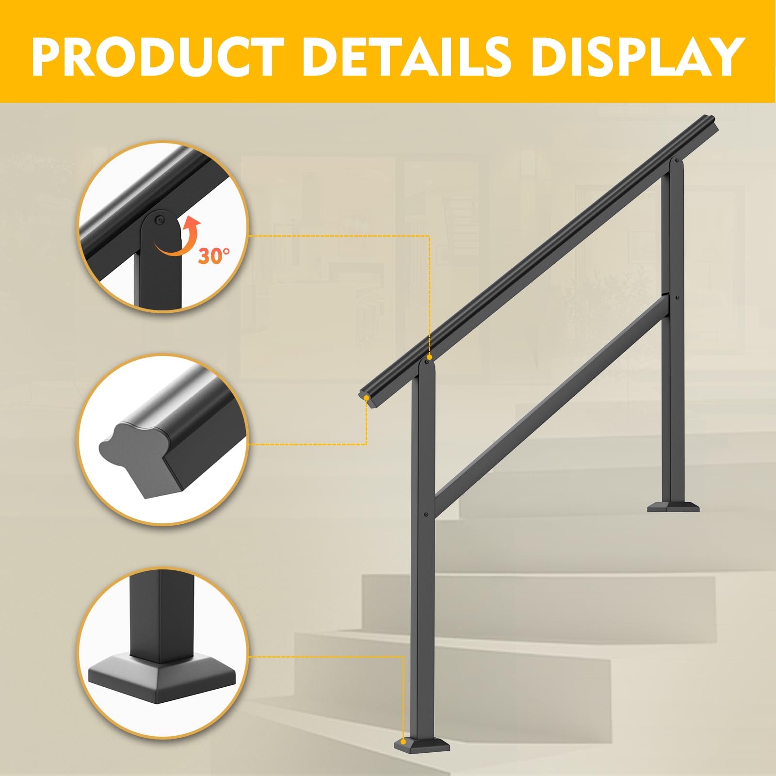 SPACEEUP Stair Handrail,44X34.8" Handrails for Outdoor Steps Fit 0 to 4 Steps Transitional Handrail with Installation Kit Handrail for Stairs Outdoor Aluminum and iron Stair Railing,Matte Black