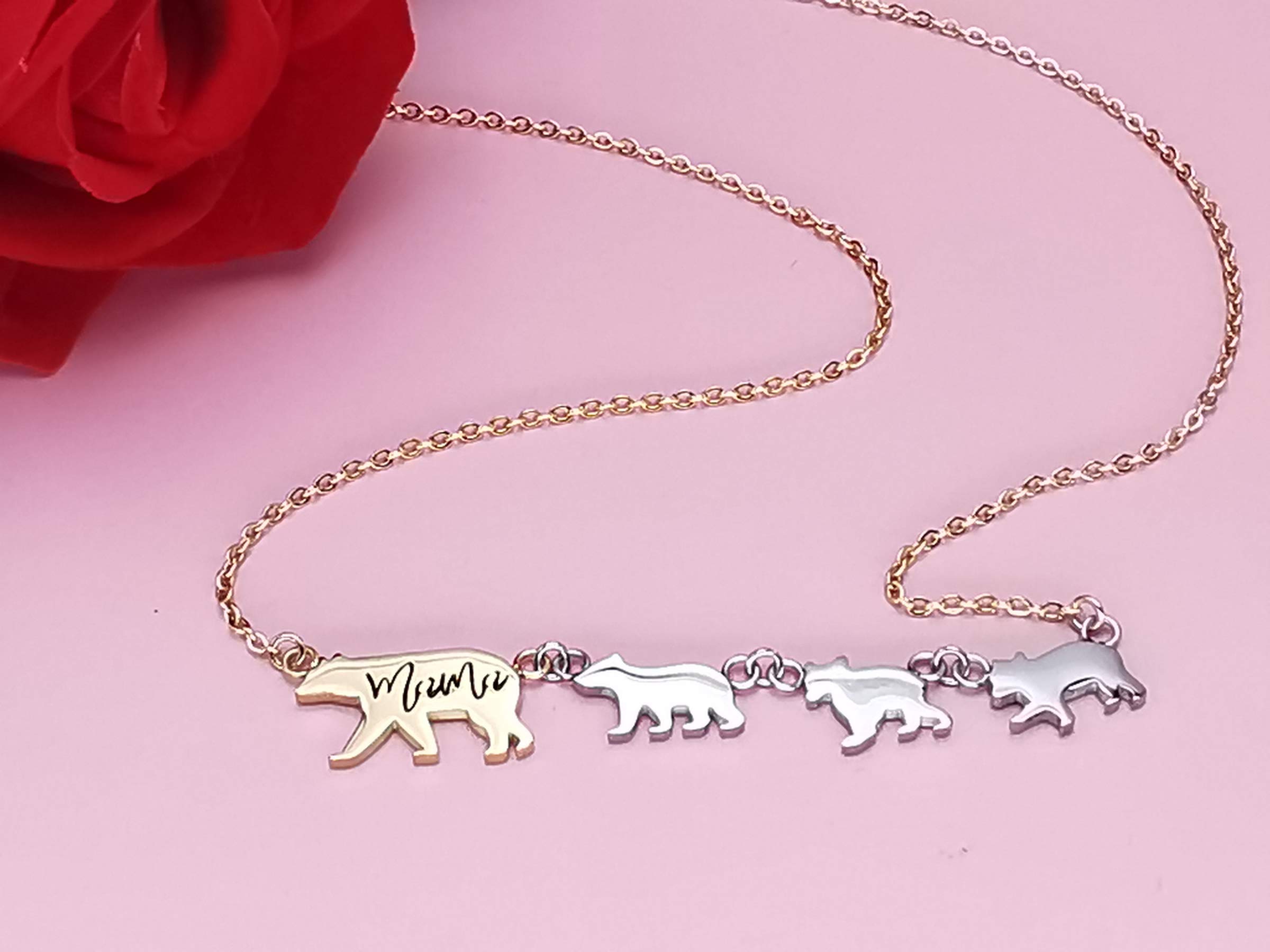 Beffy Mama Bear Necklace with 3 Three Cubs for Women, Mom Daughter Pendant for Mothers Day Birthday Christmas