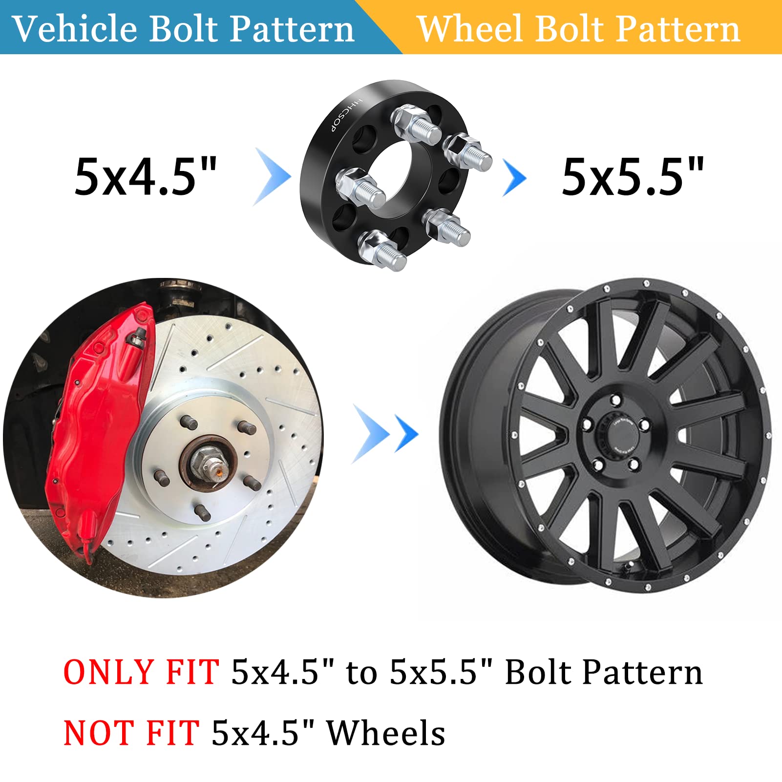 HHCSOP 5x4.5 to 5x5.5 Wheel Spacers, 1.25" 5x114.3 to 5x139.7 Wheel Adapters for Ford Mustang Ranger Edge Crown Victoria Explorer | Jeep Wrangler Liberty Grand Cherokee with 1/2x20 Studs & 73mm Bore