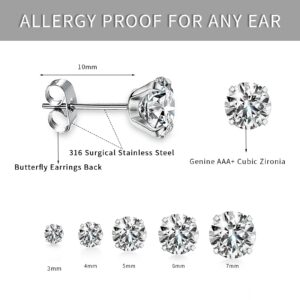 FTSTC 5 Pairs Stud Earrings Set 316 Stainless Steel Earrings,Hypoallergenic Cubic Zirconia Surgical Steel Earrings for Woman Man Girls(3-7mm)