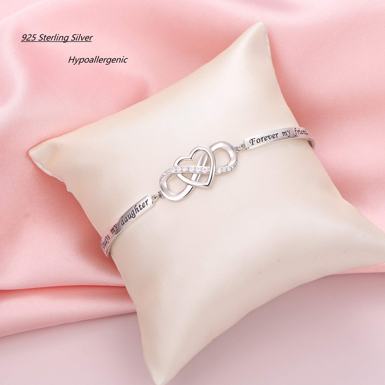 925 Sterling Silver Infinity Love Heart Bracelet With Inspirational Message for Daughter from Mother Father, Adjustable Length Bangle Bracelets Daughter Jewelry for Women