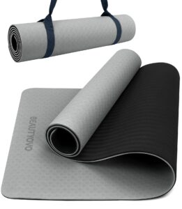 yoga mat with strap, 1/3 inch extra thick yoga mat double-sided non slip, professional tpe yoga mats for women men, workout mat for yoga, pilates and floor exercises