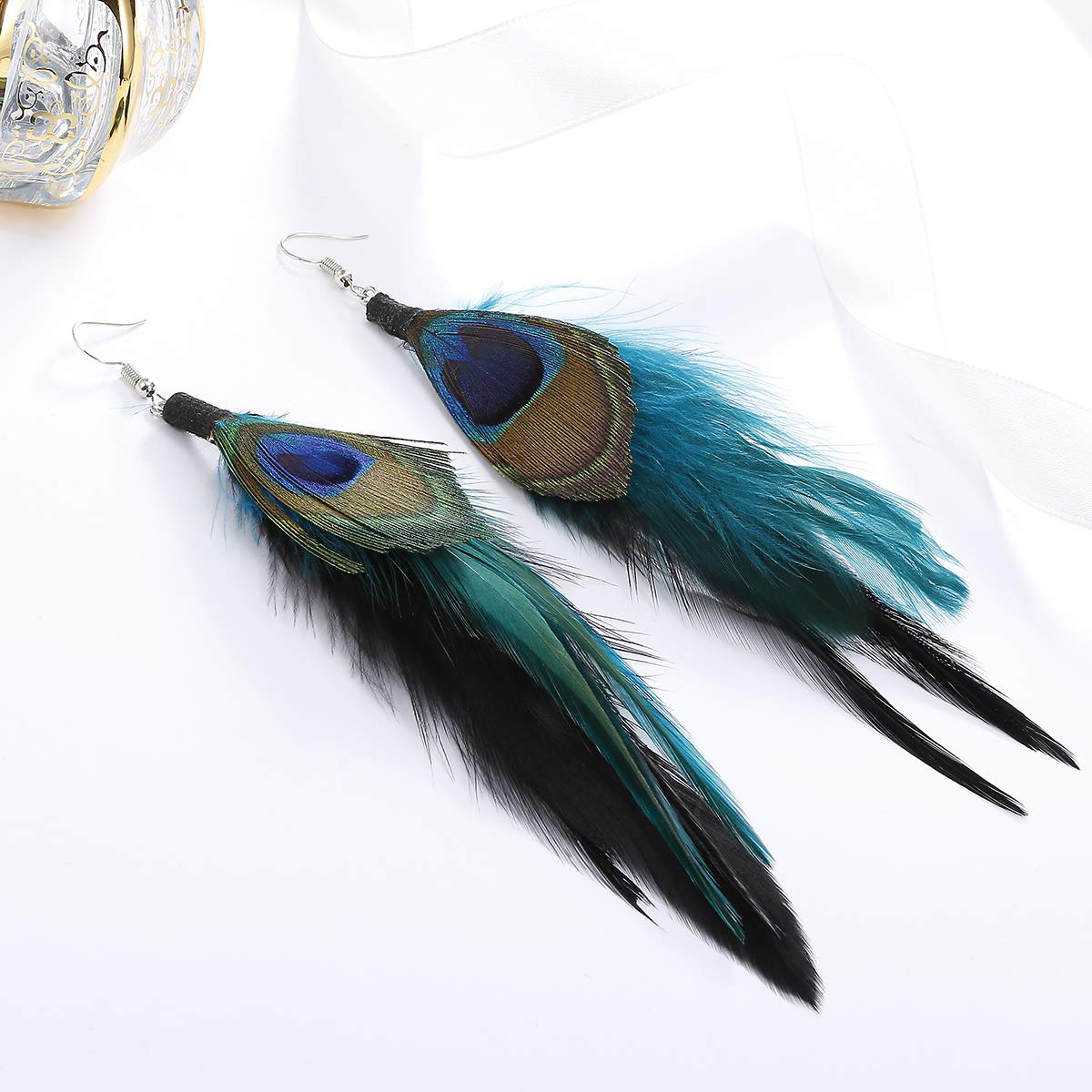 Winssigma Long Feather Earrings for Women Bohemian Dangle Earrings Lightweight Feather Statement Earrings Handmade Jewelry(Blue)