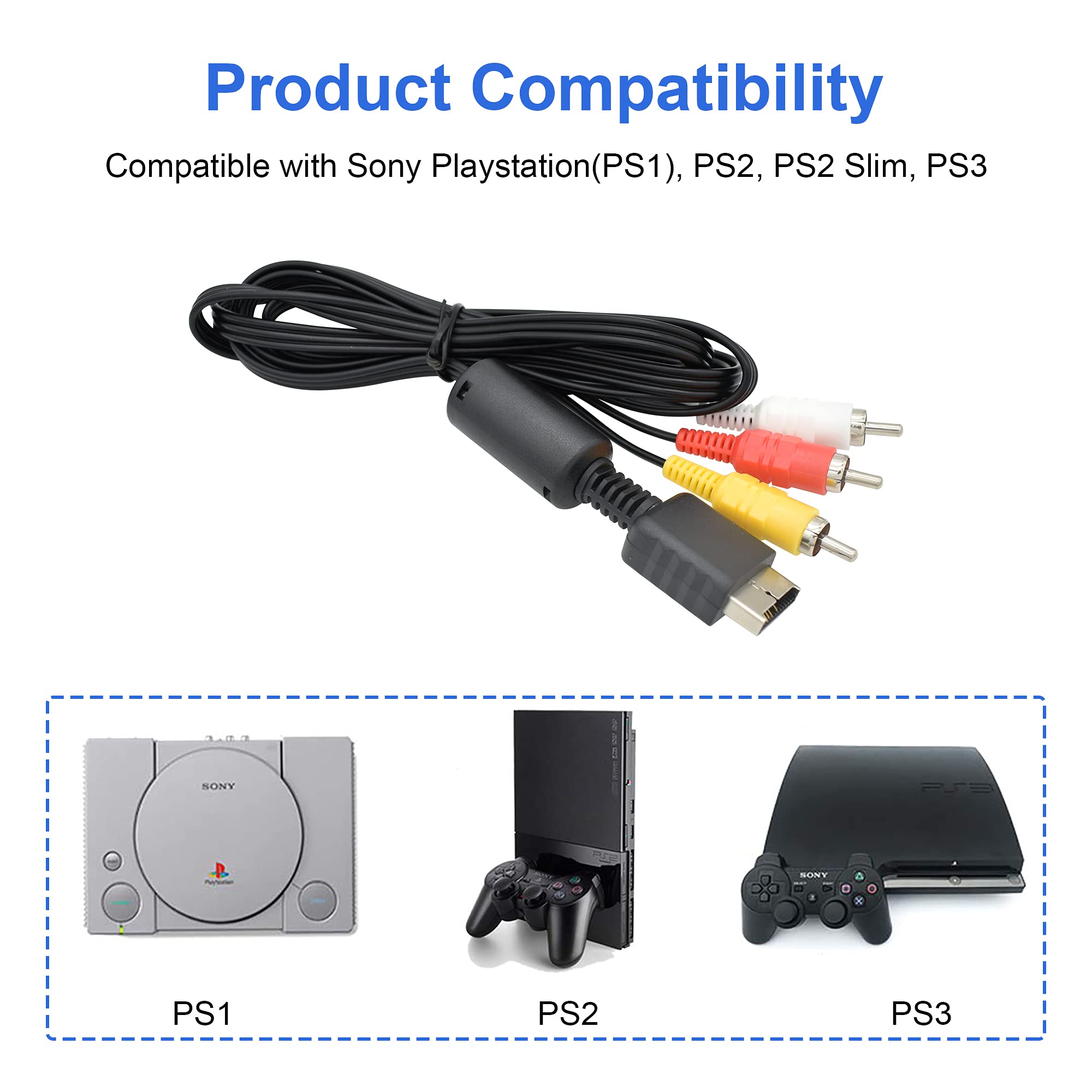 AV Cable for PS3 PS2 PS1, Audio Video RCA Cable Compatible with Playstation 1 2 3, 1.8M/6FT Composite 3 RCA Gold-Plated TV HDTV Display