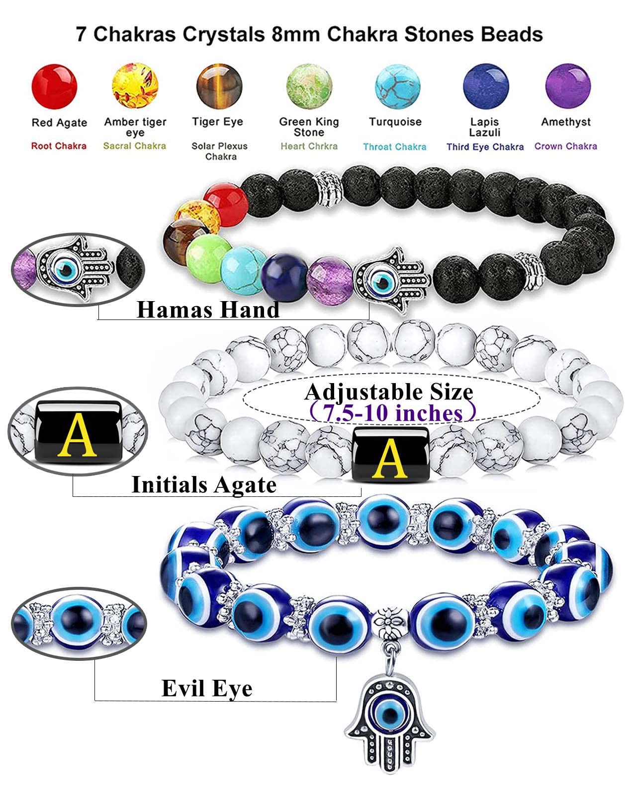 PANSHI Evil Eye Bracelets Chakra Crystal Beaded Bracelet Jewelry Ojo Protection Birthday Gifts for Women (Hamsa Hand)