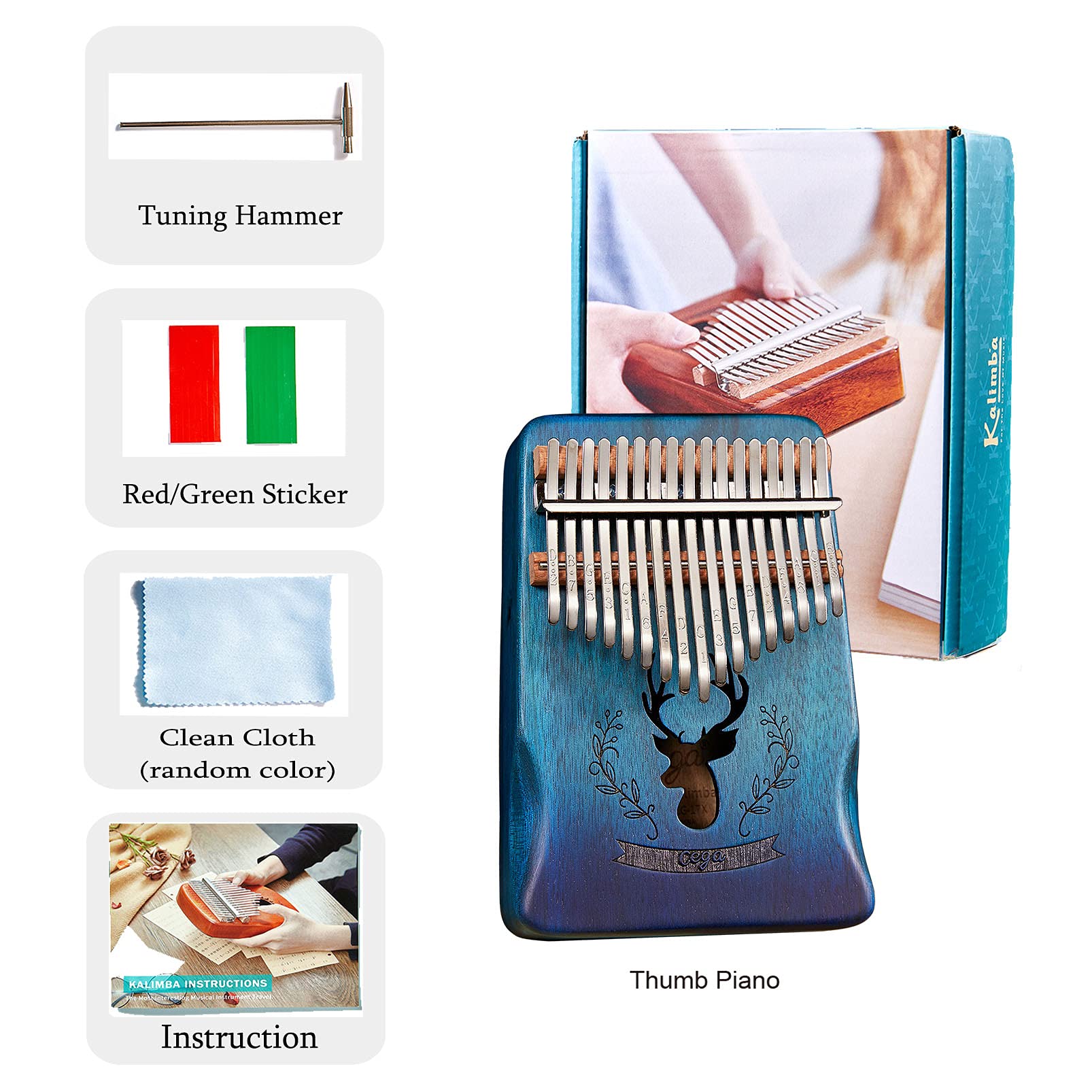 Kalimba 17 Key Thumb Piano Finger Piano Handhold Mbira Premium Mahogany Deer Pattern Portable Musical Instrument Gifts for Kids Amateur and Beginner (Gradient Blue)