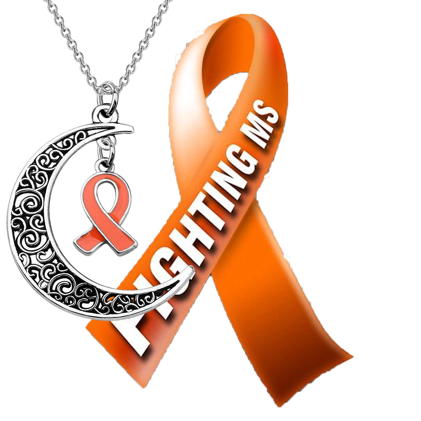 BEKECH Multiple Sclerosis MS Awareness Gift Orange Ribbon Crescent Moon Charm ADHD Awareness Necklace for MS Warrior