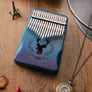 Kalimba 17 Key Thumb Piano Finger Piano Handhold Mbira Premium Mahogany Deer Pattern Portable Musical Instrument Gifts for Kids Amateur and Beginner (Gradient Blue)