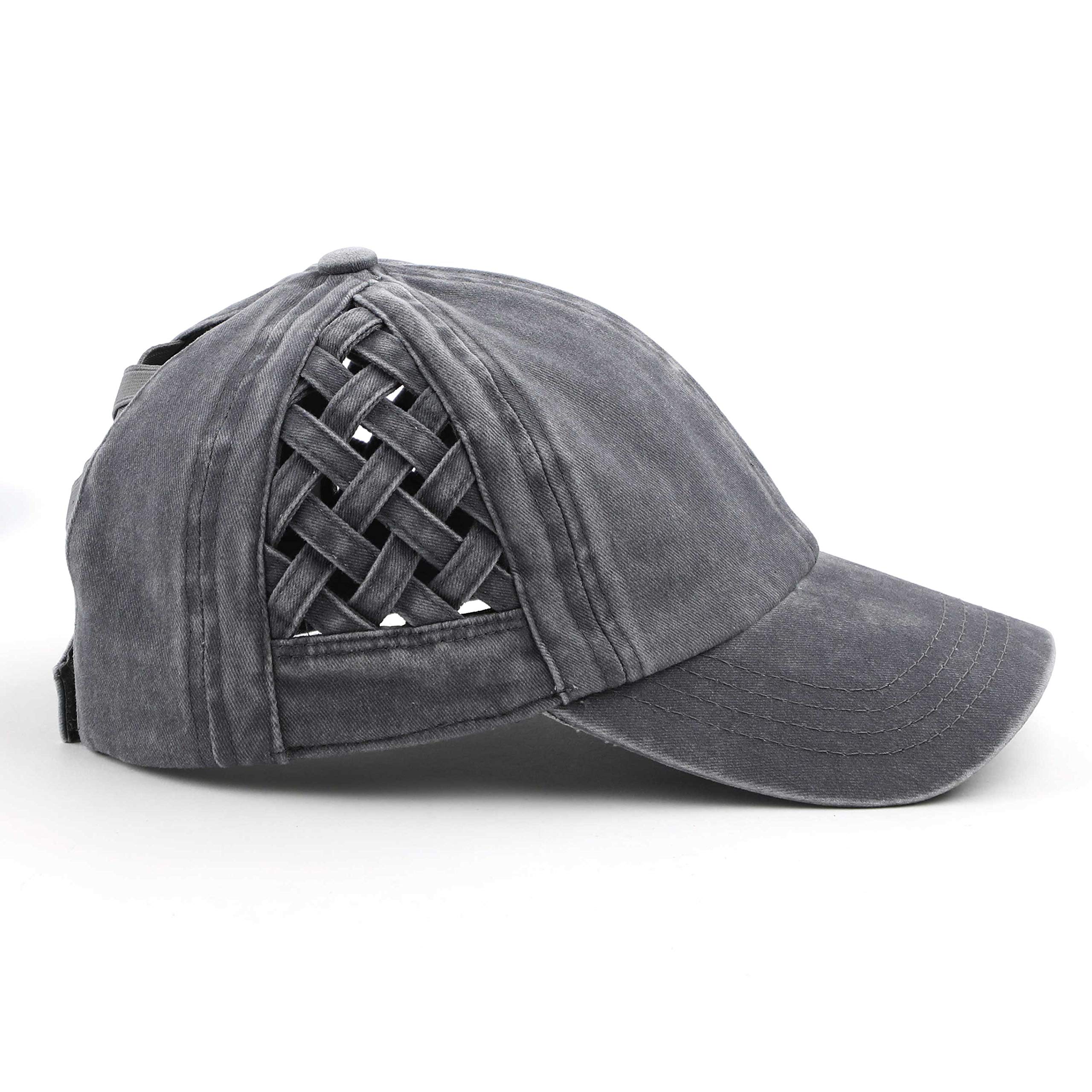 C.C Exclusives Washed Cotton Denim Basket Weave Criss-Cross Ponytail Baseball Cap Bundle Hair Tie (BT-922)(Grey)