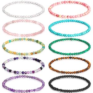 henoyso 10 pieces 4mm mini gemstone energy bracelets natural gemstone handmade crystal beaded power stretch bracelet unisex couple bracelets, turquoise