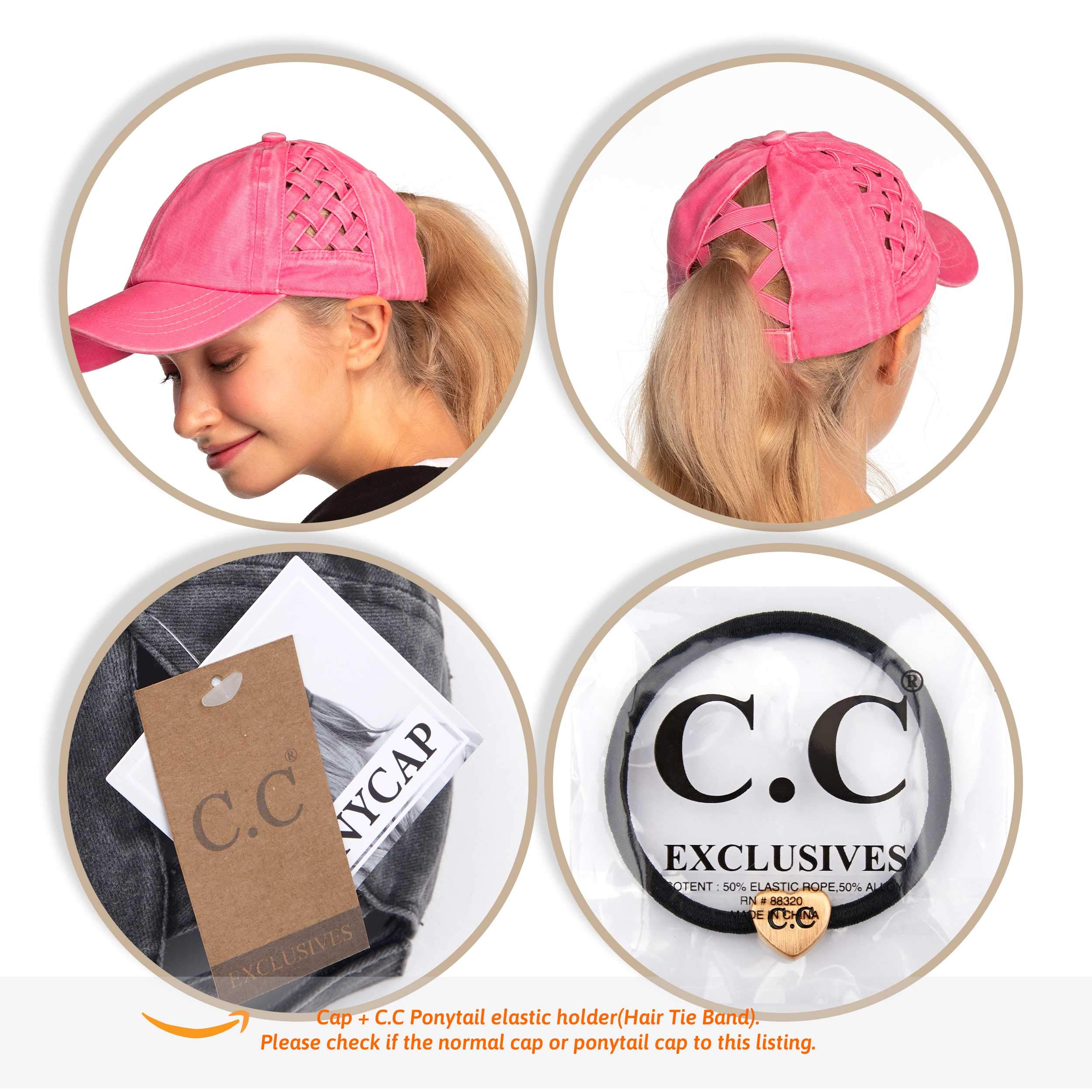 C.C Exclusives Washed Cotton Denim Basket Weave Criss-Cross Ponytail Baseball Cap Bundle Hair Tie (BT-922)(Grey)