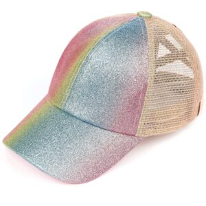 funky junque kids criss cross messy bun ponytail hat - pink multi ombre glitter w/mesh