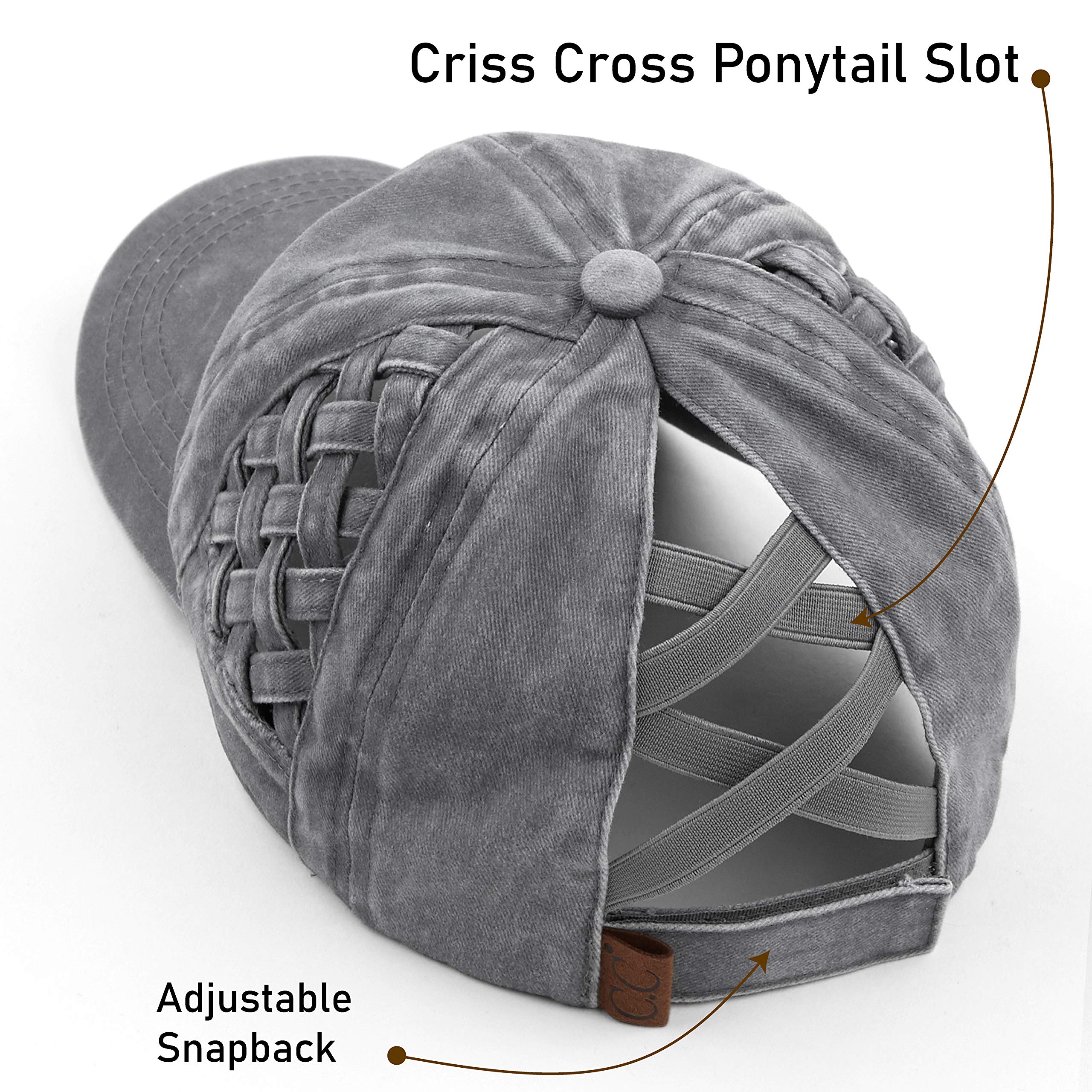 C.C Exclusives Washed Cotton Denim Basket Weave Criss-Cross Ponytail Baseball Cap Bundle Hair Tie (BT-922)(Grey)