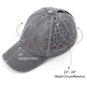 C.C Exclusives Washed Cotton Denim Basket Weave Criss-Cross Ponytail Baseball Cap Bundle Hair Tie (BT-922)(Grey)