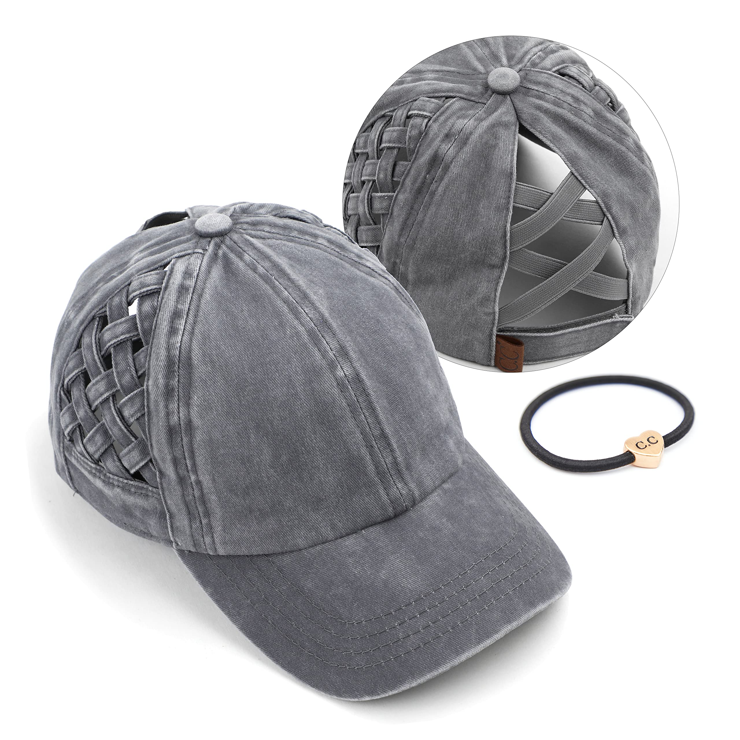 C.C Exclusives Washed Cotton Denim Basket Weave Criss-Cross Ponytail Baseball Cap Bundle Hair Tie (BT-922)(Grey)