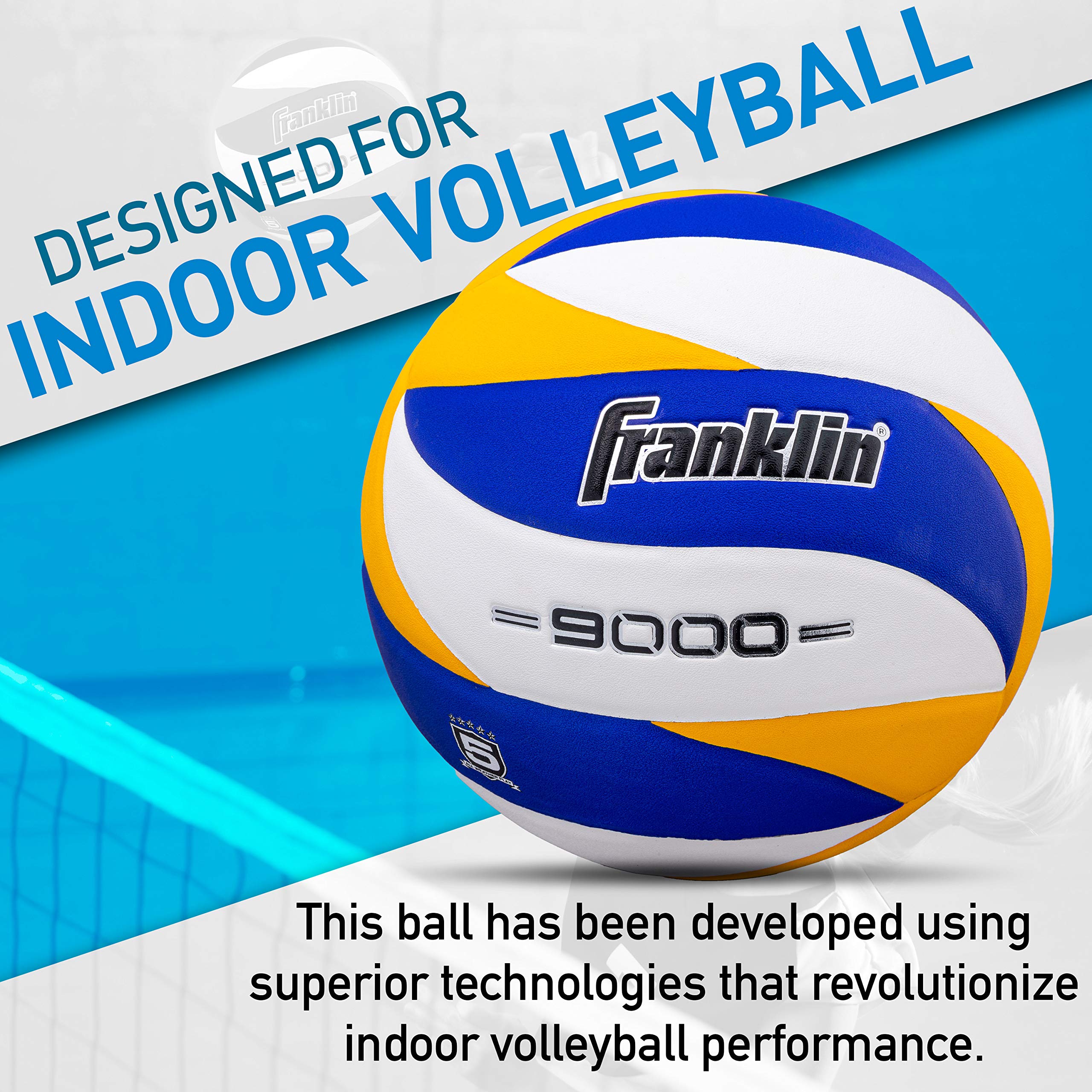 Franklin Sports 9000 Indoor Volleyball - Official Size and Weight Volleyball - Advanced Performance - Premium Soft Cover and Bounce - Air Pump Included White