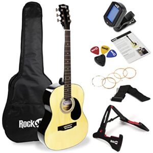 rockjam acoustic guitar superkit includes stand, gig bag, tuner, picks, plectrum holder, spare strings & online lessons 6 pack, right, natural, full (rjw-101-n-pk)