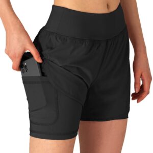 Gopune Women's 2 in 1 Running Shorts Workout Athletic Gym Yoga Shorts with Phone Pockets Black,XL