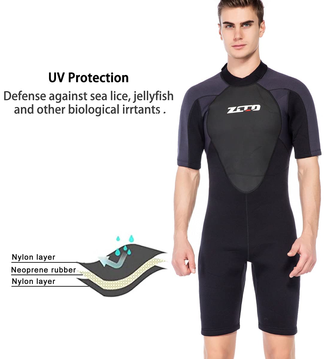 FINDSLINX Wetsuit Shorty for Men 3mm Neoprene Back Zip Wetsuit Spring for Diving Surfing Snorkeling Swimming B301BK-3XL, XXX-Large, Black