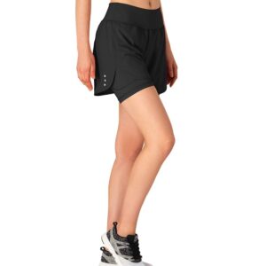 Gopune Women's 2 in 1 Running Shorts Workout Athletic Gym Yoga Shorts with Phone Pockets Black,XL