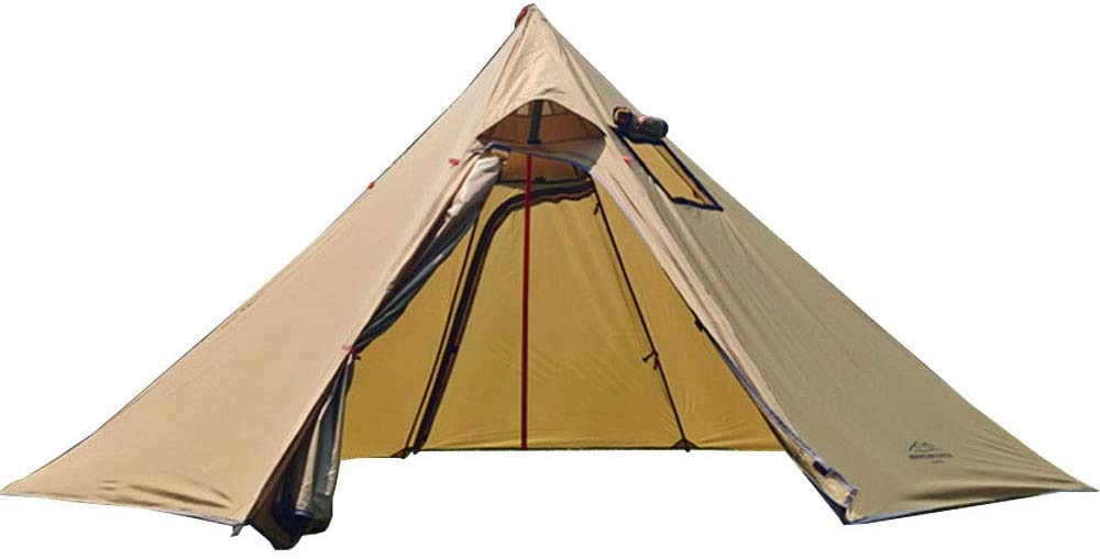 4 Person Teepee Hot Tent with Half Mesh and Fire Retardant Stove Jack Lightweight 6.8lb Height 7.2FT Teepee Tent Outdoor Camping Pyramid Tipi Tent (Brown Green)