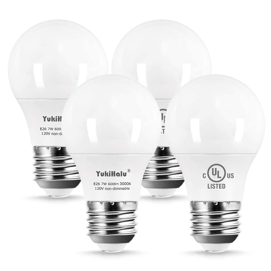 YukiHalu A15 LED Light Bulbs, 60W Equivalent, E26 Base, 2700K/3000K/5000k White, 7W 600 Lumens 120V, UL Listed, Ceiling Fan Light Bulbs, Appliance Bulb, Not Dimmable, Pack of 4 (3000K Warm White)