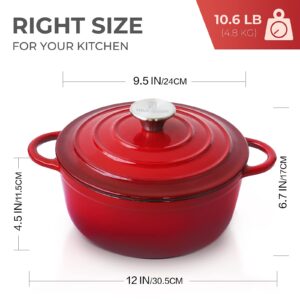 Trustmade 4.5 QT Cast Iron Dutch Oven, Enamel Coated Cookware Pot with Self Basting Lid for Home Baking, Braiser, Cooking, Red