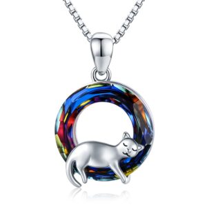 justkidstoy cat necklace 925 sterling silver cute animal pendant necklace with crystal cat jewelry gifts for women cat lovers