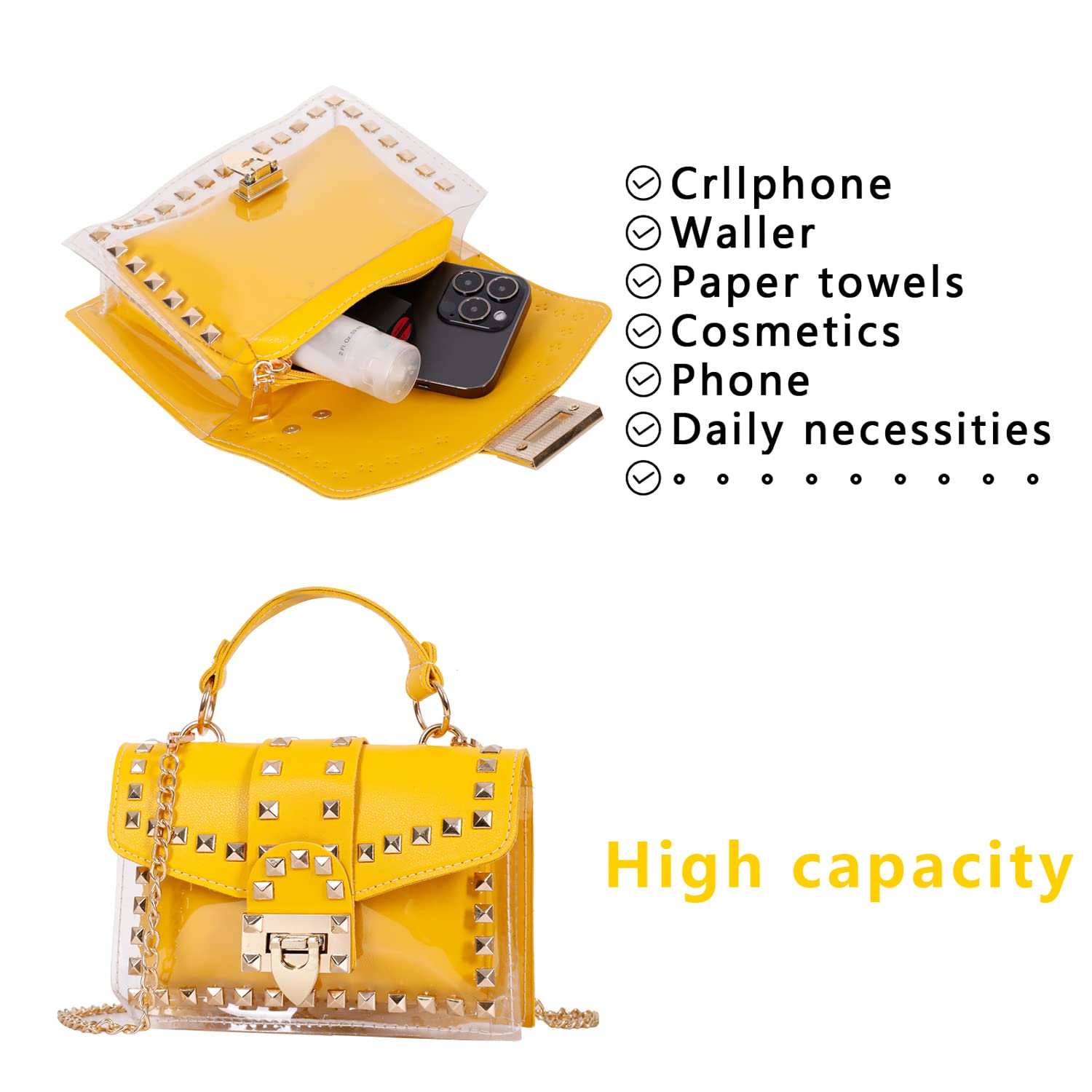 Qiayime Womens Fashion Purses and Handbags Shoulder Bag Ladies Rivet PVC Jelly Purse Designer Satchel Messenger Tote Bag (yellow)