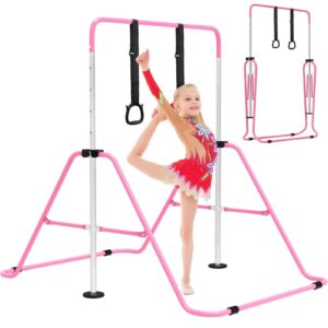 EVERYMILE Gymnastics Bars for Home, Adjustable Height Folding Horizontal Bars, Junior Training Kip Bar Expandable Gym Equipment, Monkey Bar with Gymnastics Rings for Kids Gifts