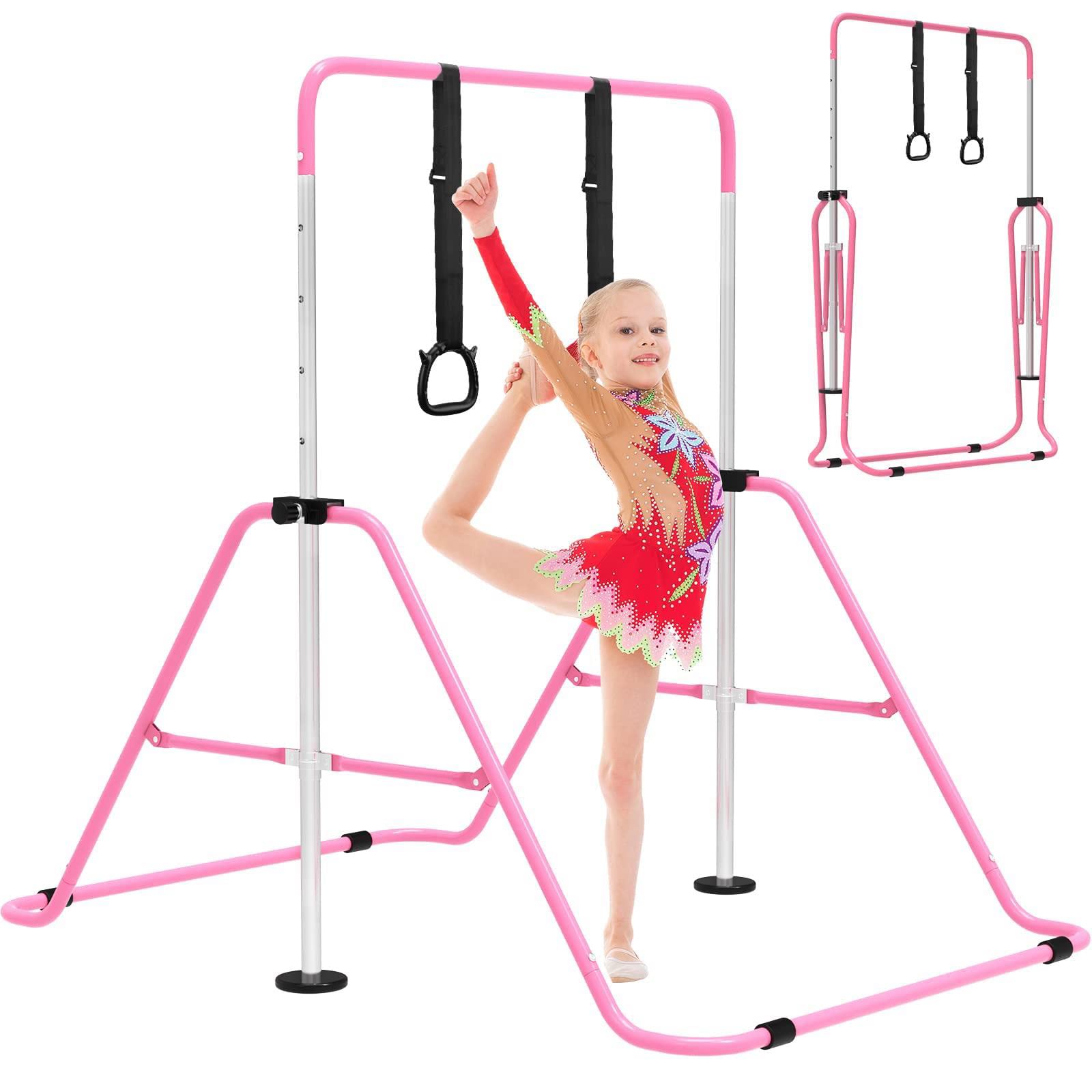 EVERYMILE Gymnastics Bars for Home, Adjustable Height Folding Horizontal Bars, Junior Training Kip Bar Expandable Gym Equipment, Monkey Bar with Gymnastics Rings for Kids Gifts