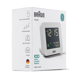 Braun Digital Alarm Clock with Snooze, Negative LCD Display, Quick Set, Crescendo Beep Alarm in Grey, Model BC09G.