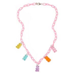 colorful bling cute small bear acrylic chain necklace resin candy color gummy bear simple jewelry for women-pink