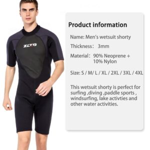 FINDSLINX Wetsuit Shorty for Men 3mm Neoprene Back Zip Wetsuit Spring for Diving Surfing Snorkeling Swimming B301BK-3XL, XXX-Large, Black