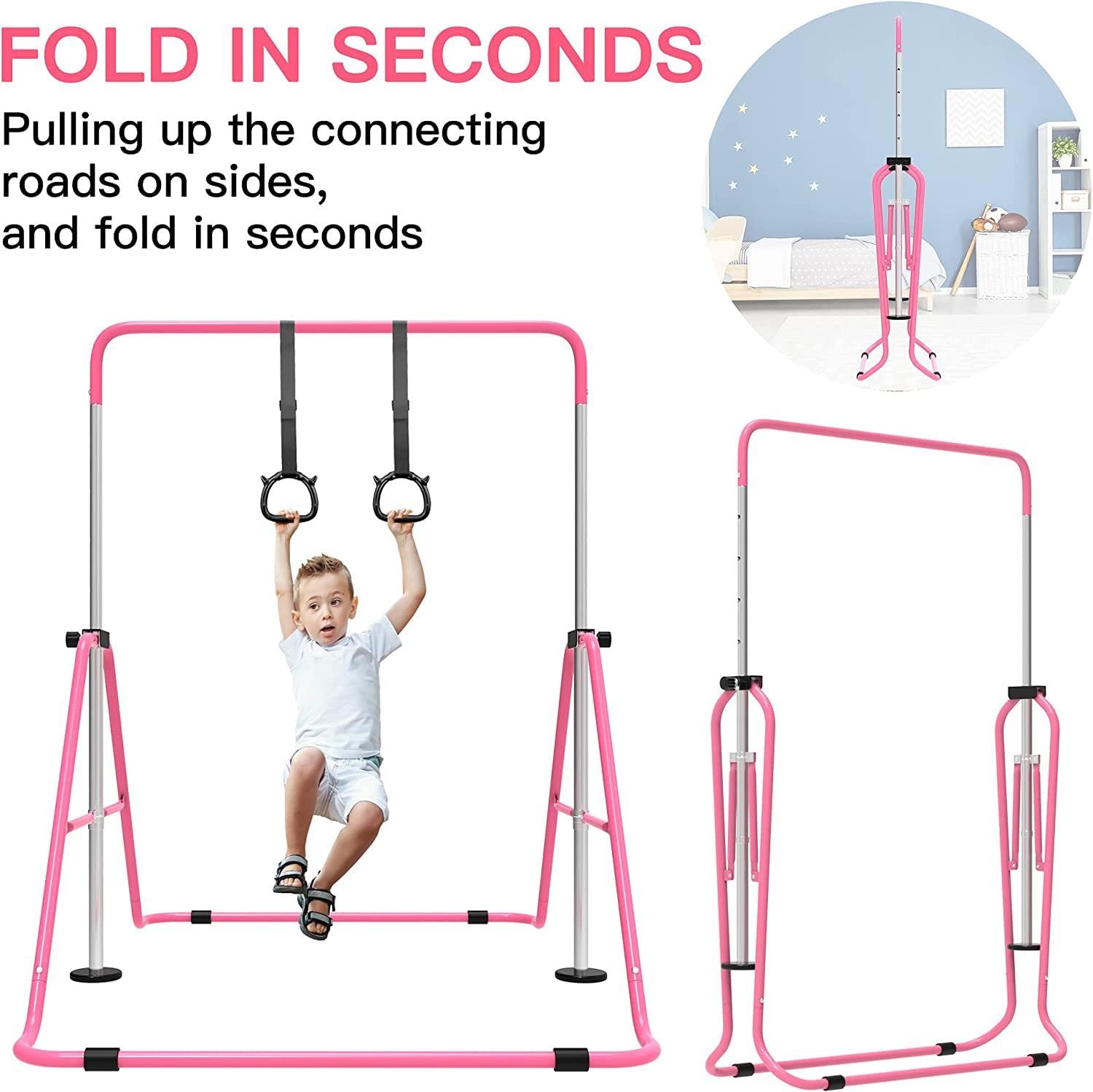 EVERYMILE Gymnastics Bars for Home, Adjustable Height Folding Horizontal Bars, Junior Training Kip Bar Expandable Gym Equipment, Monkey Bar with Gymnastics Rings for Kids Gifts