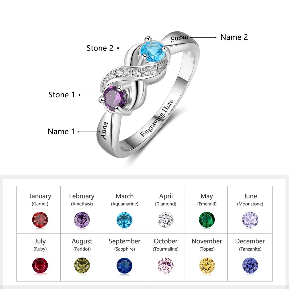 Love Jewelry 925 Sterling Silver Personalized Infinity Mothers Rings with 2 Round Simulated Birthstones Custom Engraved Engagement Promise Rings for Women (8)