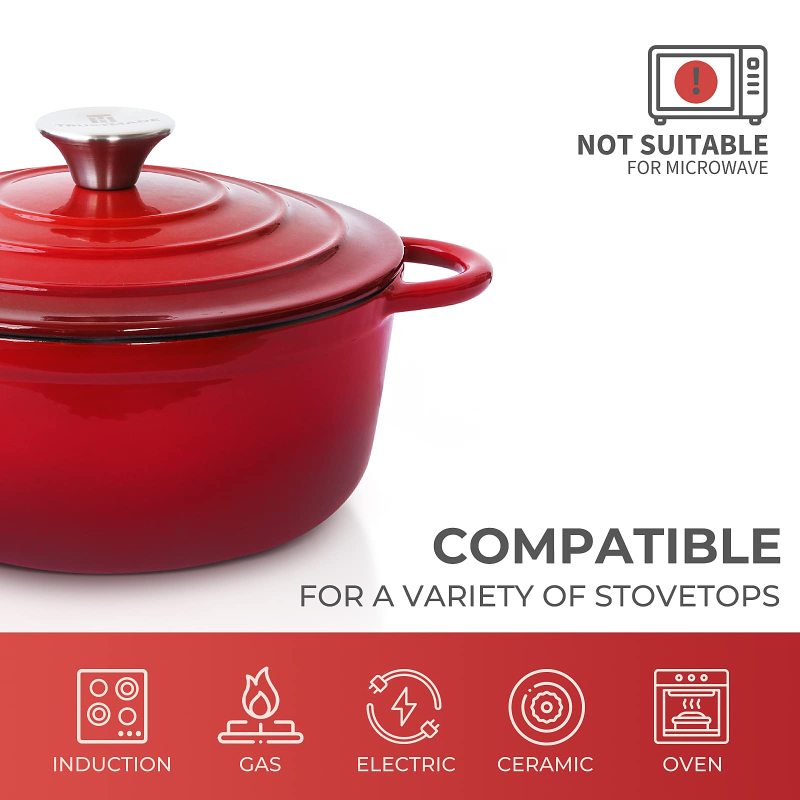 Trustmade 4.5 QT Cast Iron Dutch Oven, Enamel Coated Cookware Pot with Self Basting Lid for Home Baking, Braiser, Cooking, Red