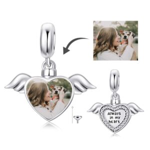 LONAGO Heart Photo Charm Cremation Keepsake Heart Urn Charm for Ashes Fit Bracelet Necklace 925 Sterling Silver Heart Shape Picture Bead Charm Gift for Women (Angel)