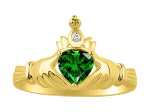 rylos rings 14k gold plated silver claddah love, loyalty & friendship ring heart 6mm gemstone & diamond claddagh rings may emerald jewelry size 7