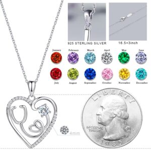 AmorAime 925 Sterling Silver Heart Necklace Nurse Necklace Stethoscope Birthstone Necklace for Doctor Medical Student for Festival, Vacation