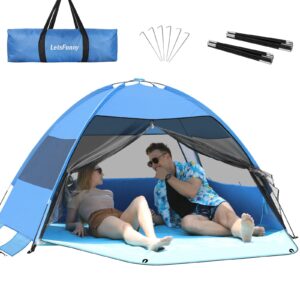 large easy setup beach tent,anti-uv shelter canopy sun shade with extended floor & 3 mesh roll up windows fits 3-4 person,portable shade tent for outdoor camping fishing (blue)