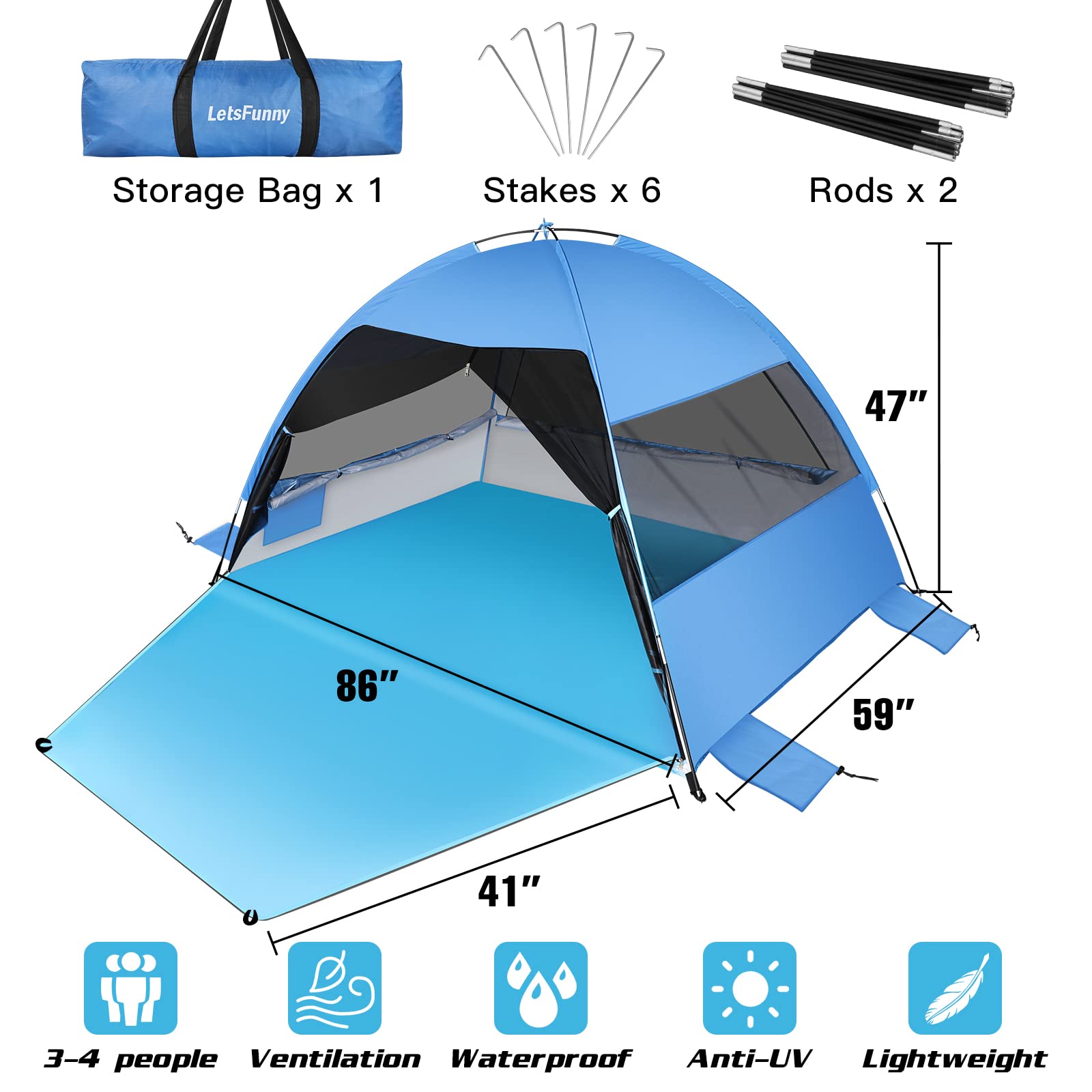 Large Easy Setup Beach Tent,Anti-UV Shelter Canopy Sun Shade with Extended Floor & 3 Mesh Roll Up Windows Fits 3-4 Person,Portable Shade Tent for Outdoor Camping Fishing (Blue)